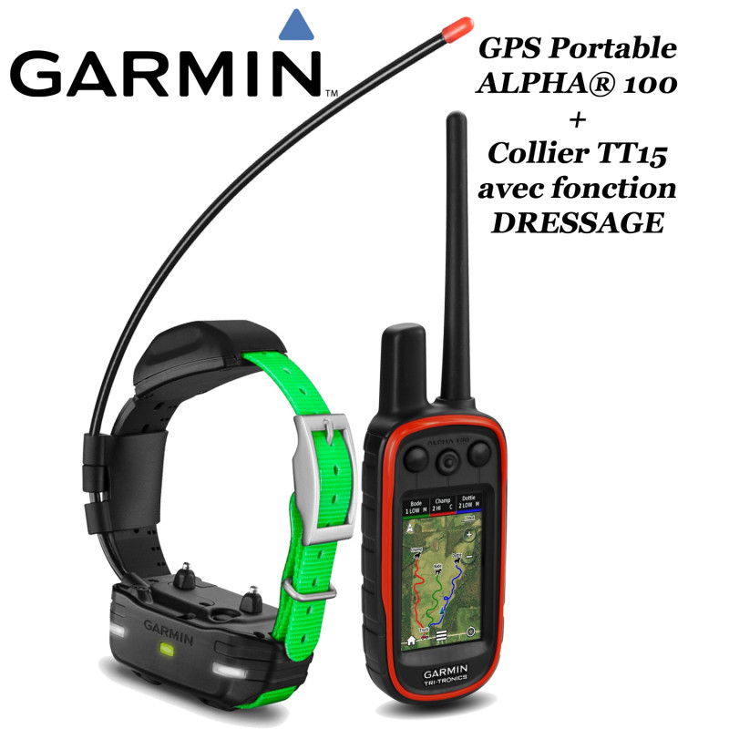 Kit GARMIN ALPHA® 100 GPS portable et collier de suivi pour chien TT15 avec fonction de dressage à distance